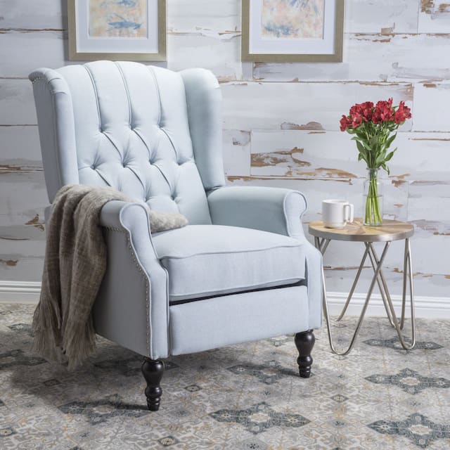 Walter Tufted Fabric Wingback Recliner Club Chair by Christopher Knight Home - Light sky