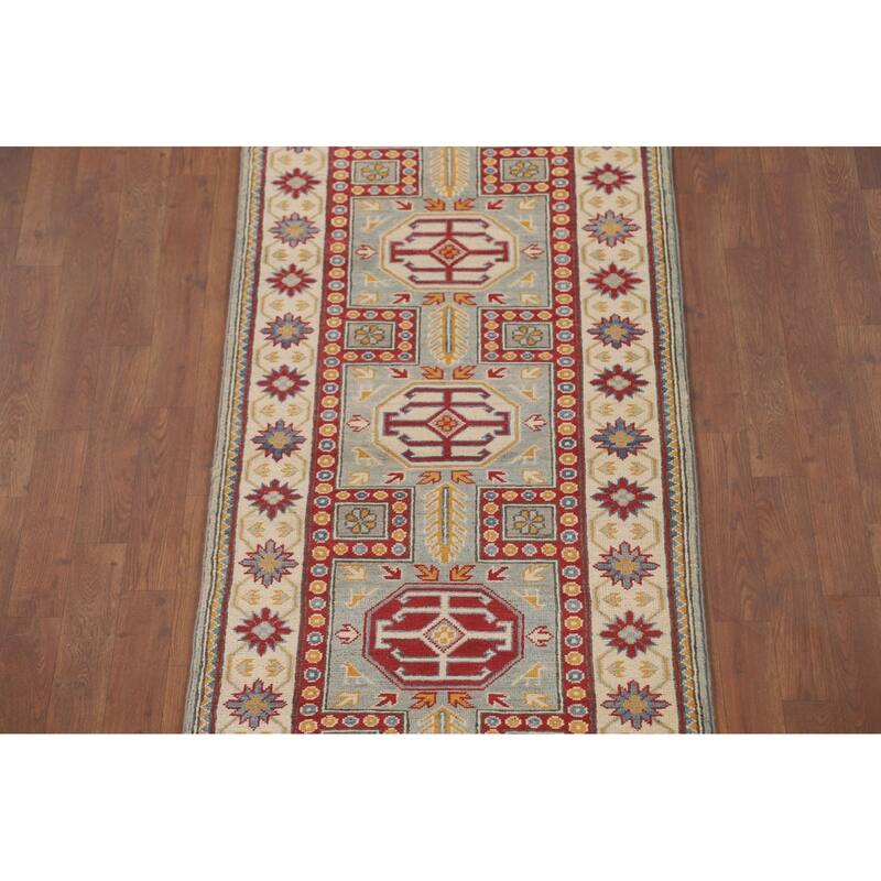 Geometric Kazak Runner Rug Handmade Traditional Blue Wool Carpet - 2'8" x 13'6"