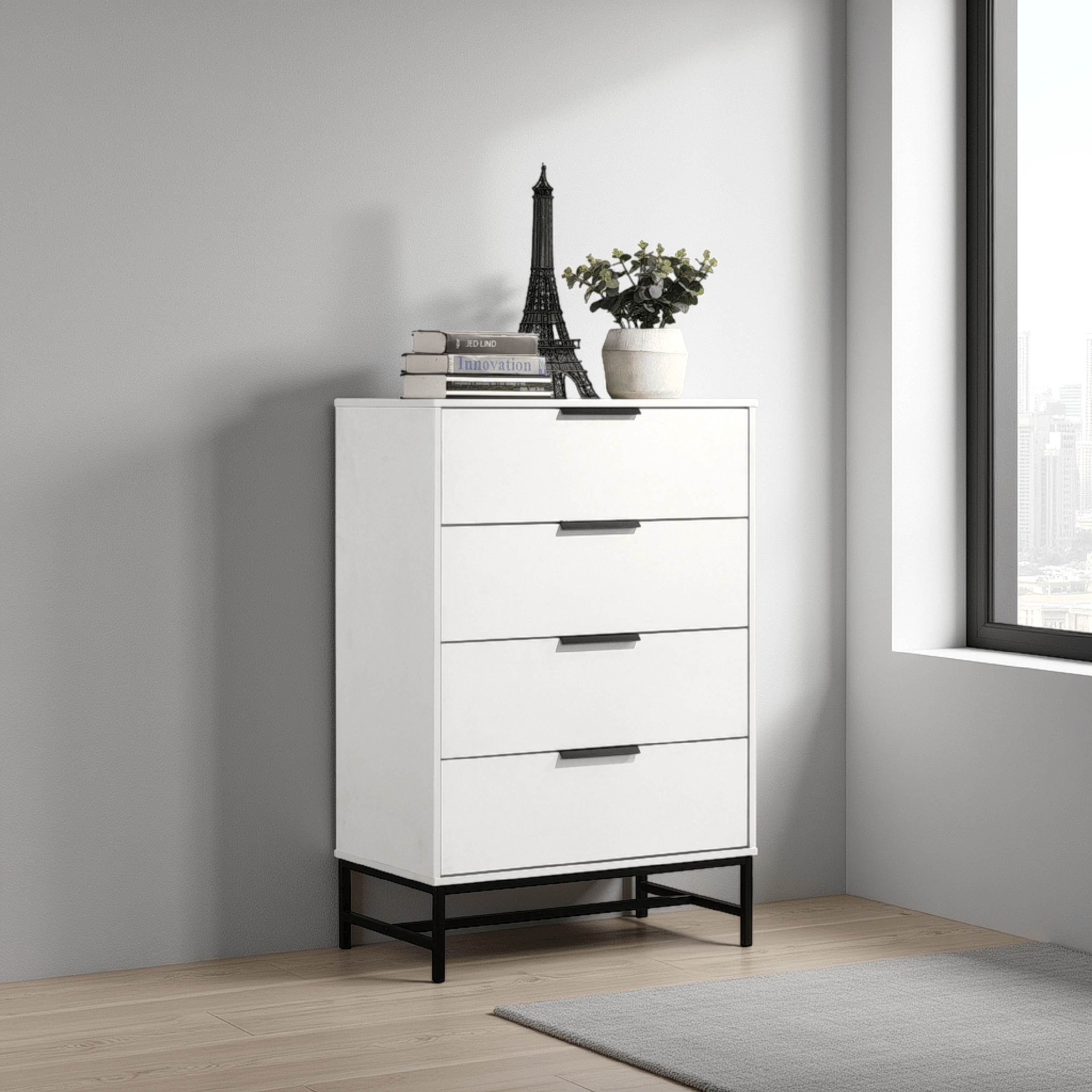 modern black and white dresser Noro Tall Dresser Chest, 4 Storage Drawers, Modern White, Black Metal - Bed  Bath & Beyond