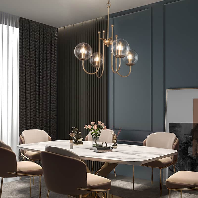 Modern Gold 4-light Chandelier Orb Glass Curve-arm Ceiling Lights for Dining Room - D21.5'' x H84.5''