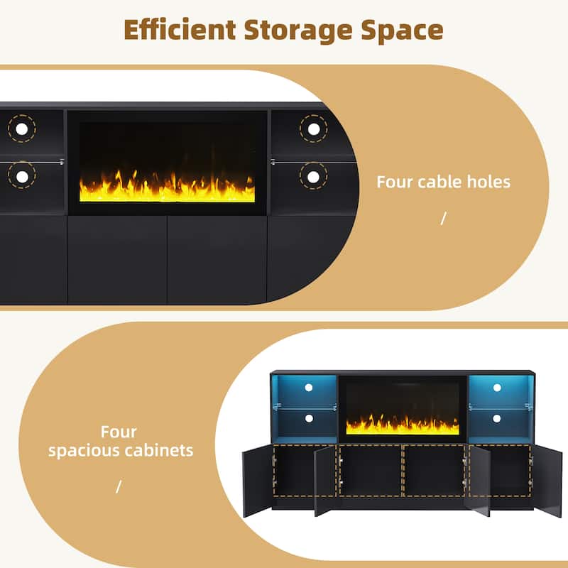 High Gloss TV Stand with Electric Fireplace and LED Light, for TVs Up to 75", Black - 67" W × 13.77" D × 35.4" H