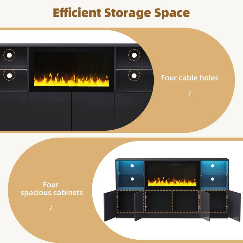 LED High Gloss TV Stand Display Cabinet Set with Glass Shelves, 111" TV Media Storage Console with Electric Fireplace