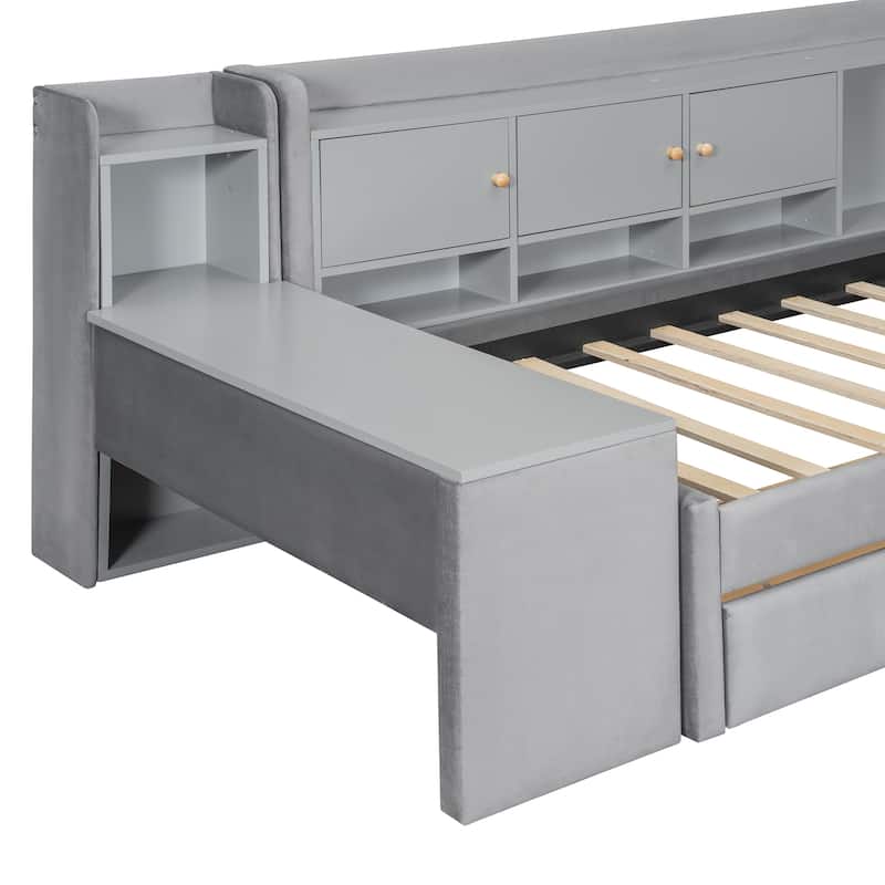 Twin-Size Upholstered Daybed Featuring Built-In Drawers, Open Shelves, Flip-Up Cabinets and an Integrated Side Table