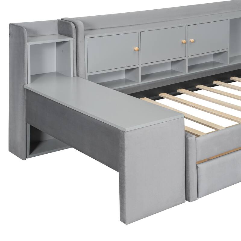 Twin Size Upholstered Daybed with Drawers, Shelves, Flip Cabinets & Side Table, Beige