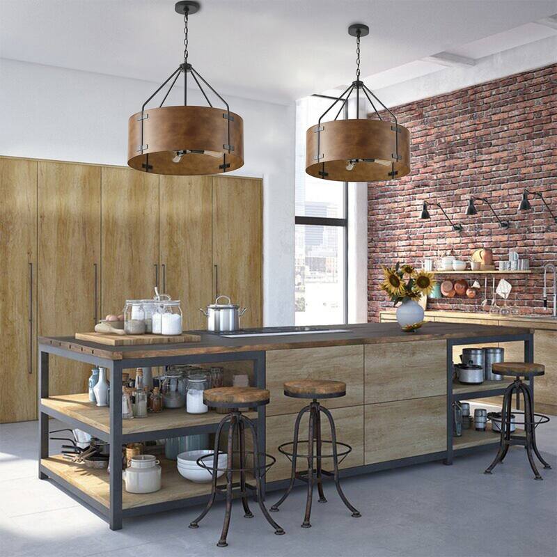 Vintage Matte Black 4-Light Metal Drum Pendant Light with Brown Lampshade