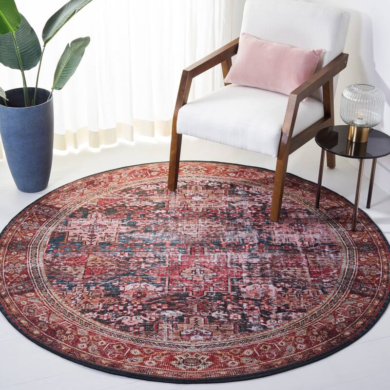 SAFAVIEH Tucson Machine Washable Slip Resistant Gena Oriental Rug - 7' Round - Rust/Green