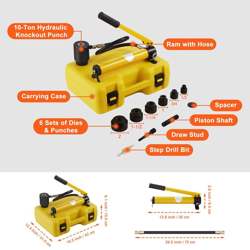 10 Ton Hydraulic Knockout Punch Kit, 1/2" to 2" Conduit Hole Cutter Set, KO Tool Kits with Puncher 6 Piece