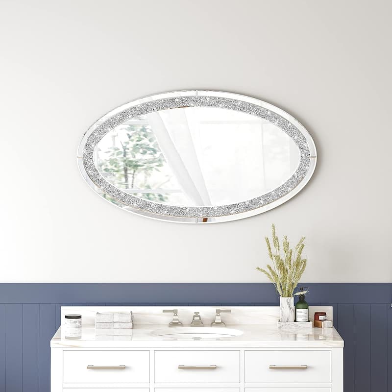 Oval Wall Mirror Crushed Diamond Inlay Sparkly Silver Mirror