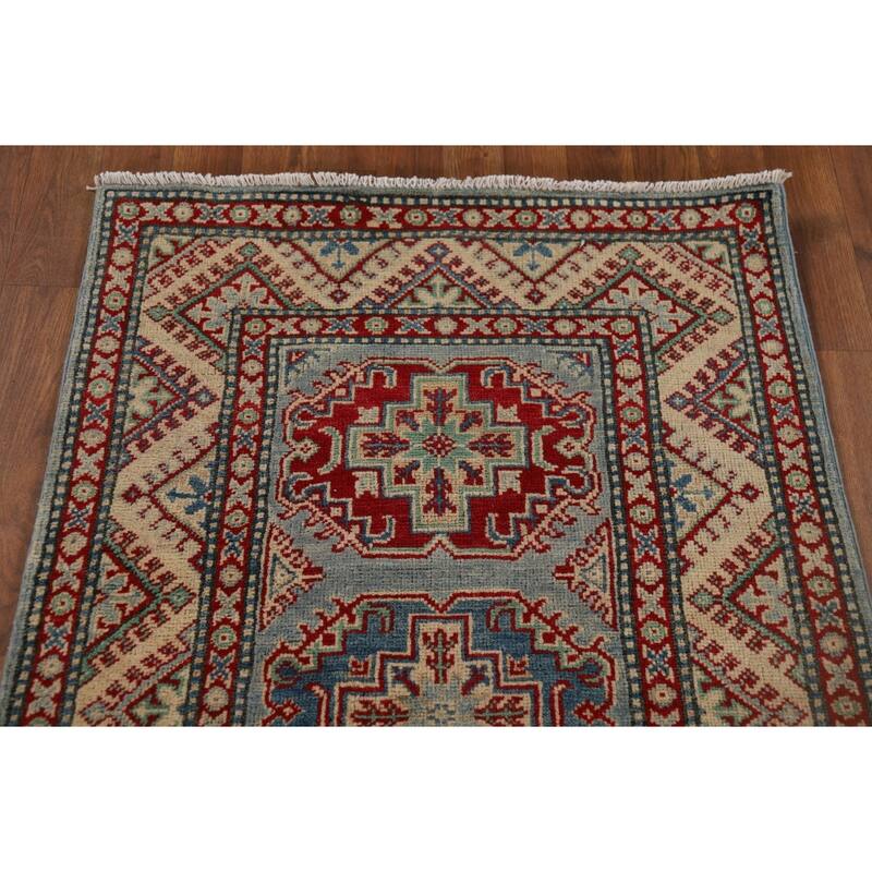 Light Blue Kazak Runner Rug Handmade Oriental Wool Carpet - 2'9" x 12'3"