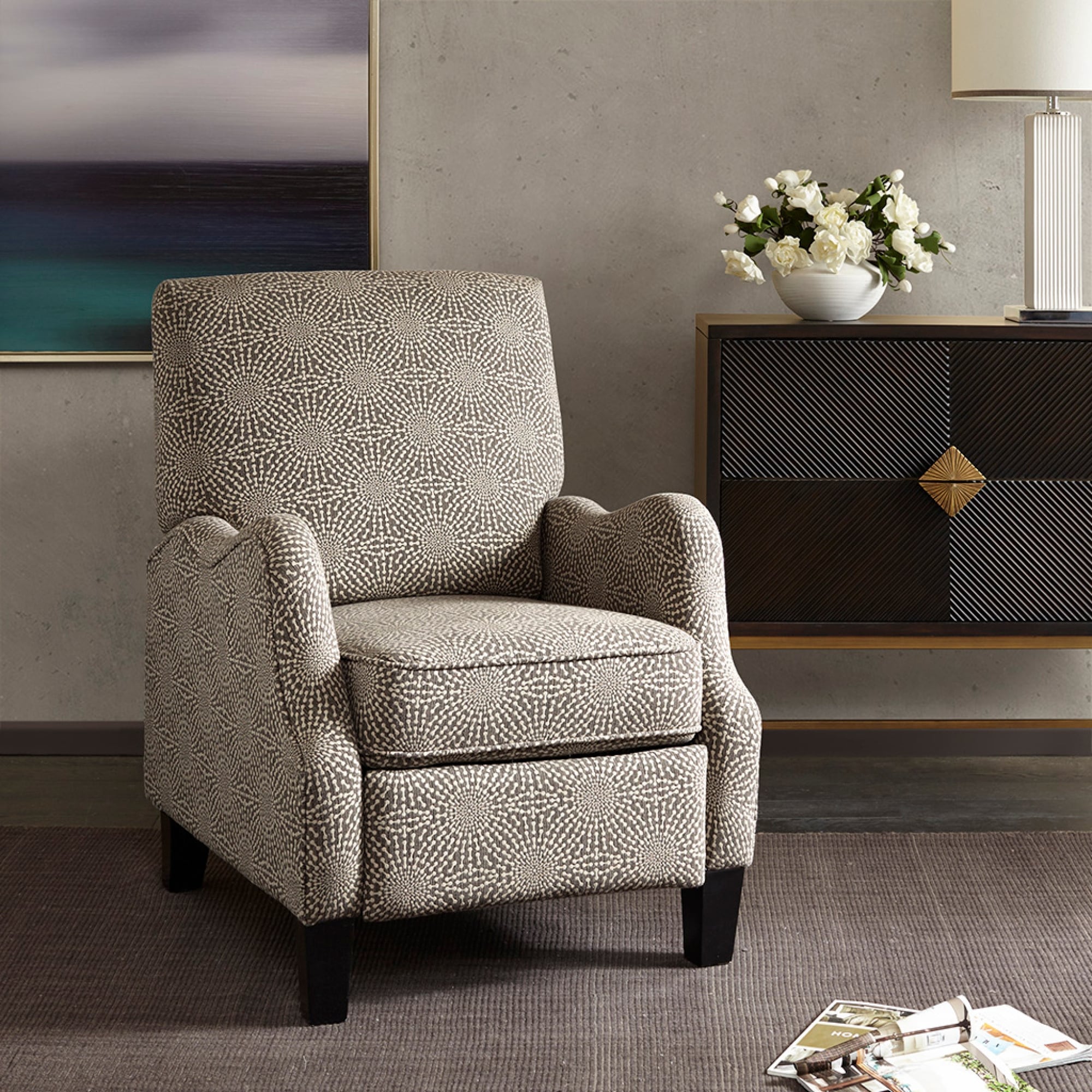 Roomfitters Upholstered Manual Push Back Recliner Armchair with Geometric Pattern and Wood Legs, Beige Multi