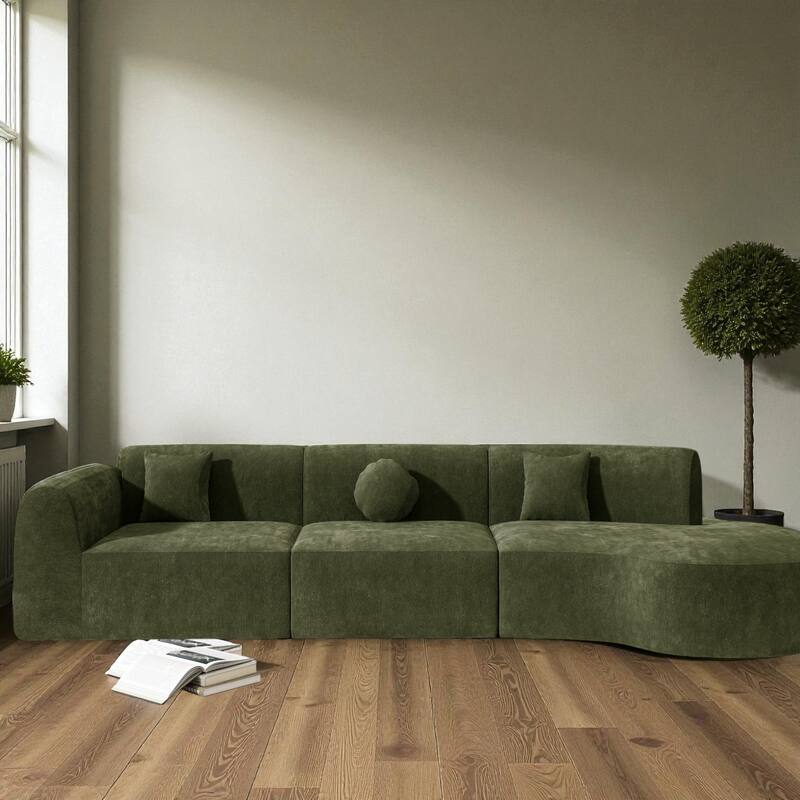 140" Fully Assembled Curved Sectional Sofa with High-Density Compressed Foam Chaise Lounge 3-Piece Modern Living Room Set - Green