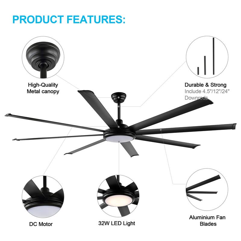 WINGBO 64" and 72" and 80" and 96" Indoor Ceiling Fan with LED Light and Remote