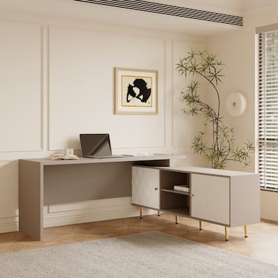 Extra Large L Shaped Computer Desk with Storage Cabinet And Exterior Shelves