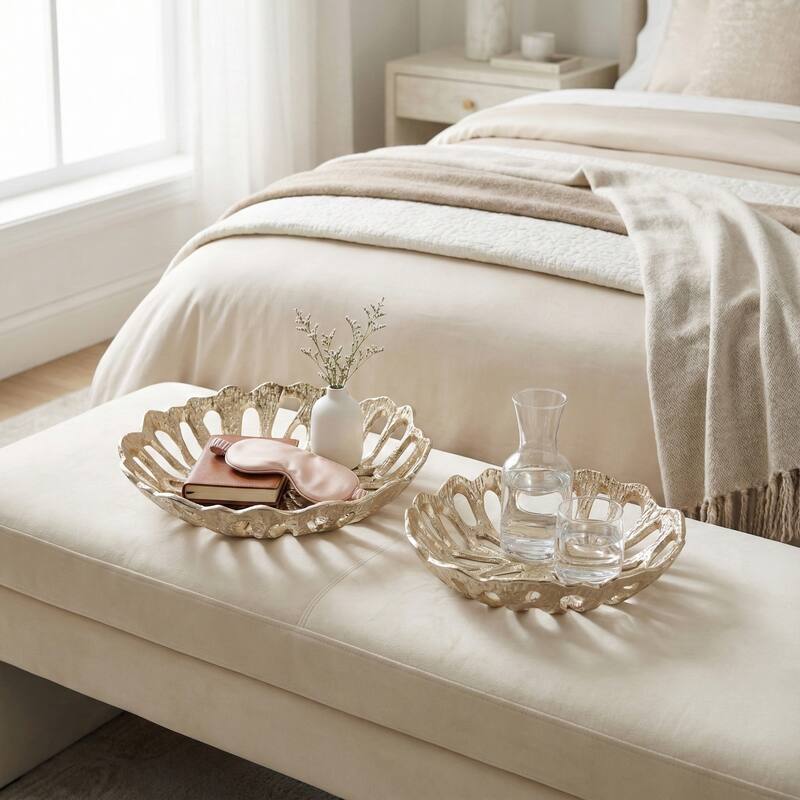 Decorative Bowl with Openwork Flower Design - Set of 2, 12", 14", Gold - 14.0"