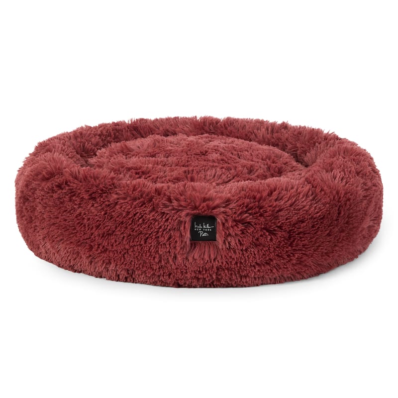 NICOLE MILLER NEW YORK PET Ellie Fuzzy Solid Donut Pet Bed Gold Round Bed - 19"x7" - BURGUNDY ROSE 