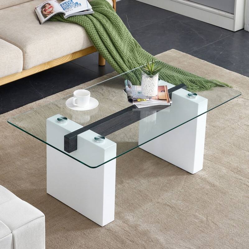 43.3" Length Tempered Glass Coffee Table with MDF Legs - White