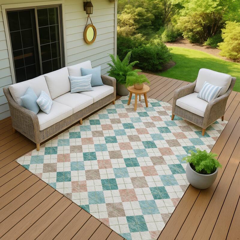 Machine Washable Indoor/ Outdoor Modern Plaid Chantille Rug - Aqua - 5' x 7'6"