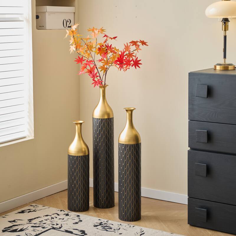 Set of 3 Black and Gold Metal Vase Floor Vases Ideal (25"/30"/34" H)