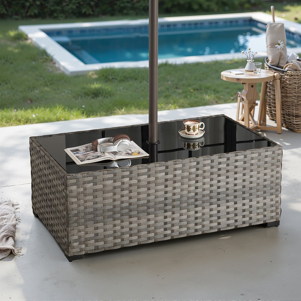 XIZZI Outdoor Wicker Coffee Table with Umbrella Hole for Garden Deck or Poolside