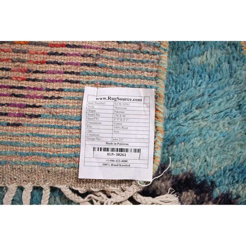 Plush Geometric Blue Moroccan Accent Rug Hand-Knotted Wool Carpet - 3'1" x 5'7"