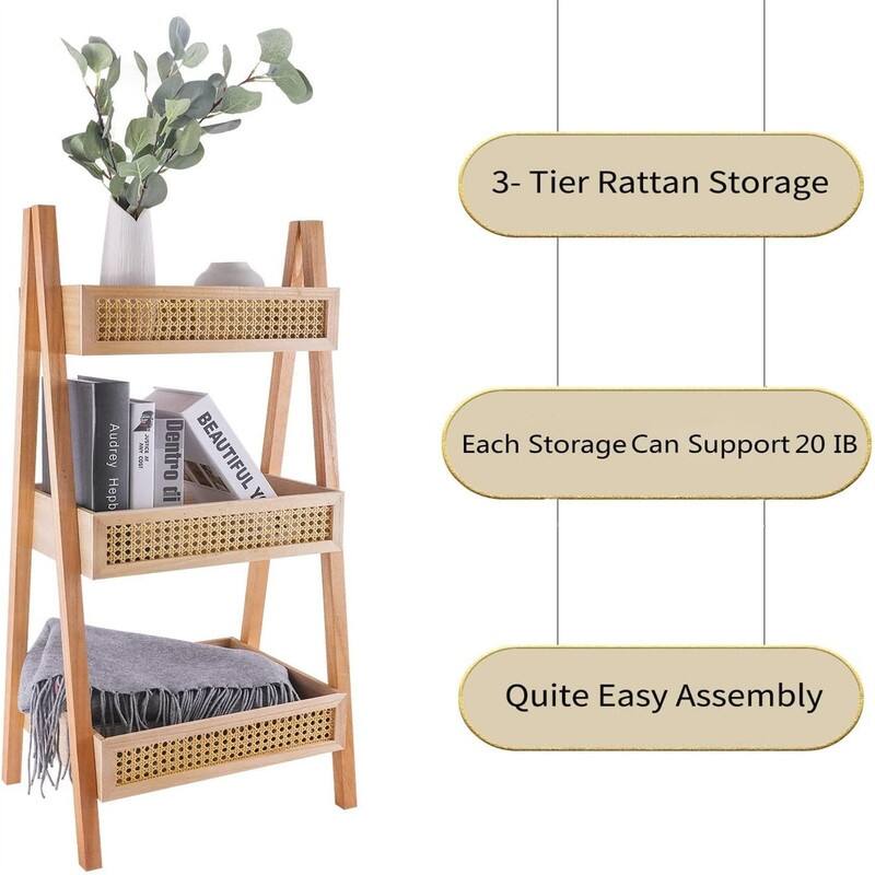 3-Tier Rattan Bookshelf Free Standing Bookcase - 12.2"D x 38"W x 15.16"H