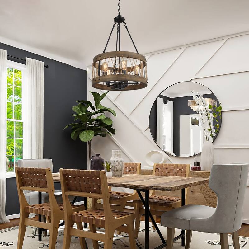 Modern Farmhouse 5-Light Wood Drum Black Metal Rustic Chandelier for Dining Room