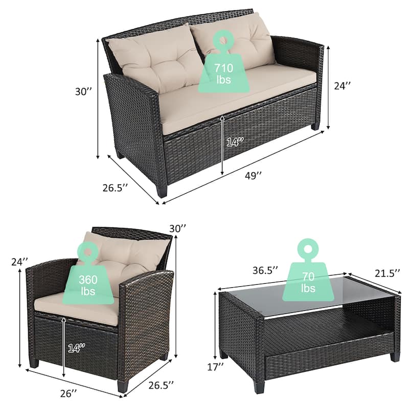 Costway 4PCS Outdoor Rattan Furniture Set Cushioned Sofa Armrest Chair - See Details
