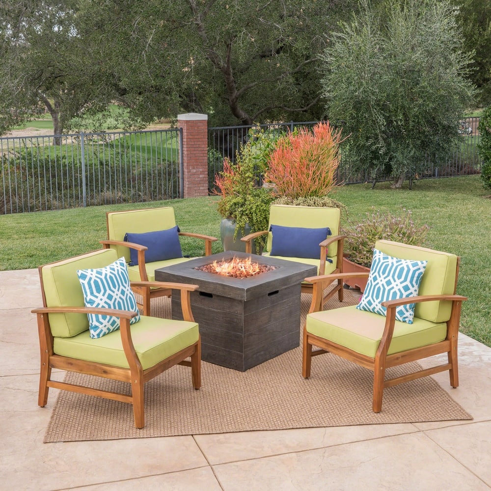 Kourtney Outdoor 4-seater Wood Chat Set with Fire Table by Christopher Knight Home