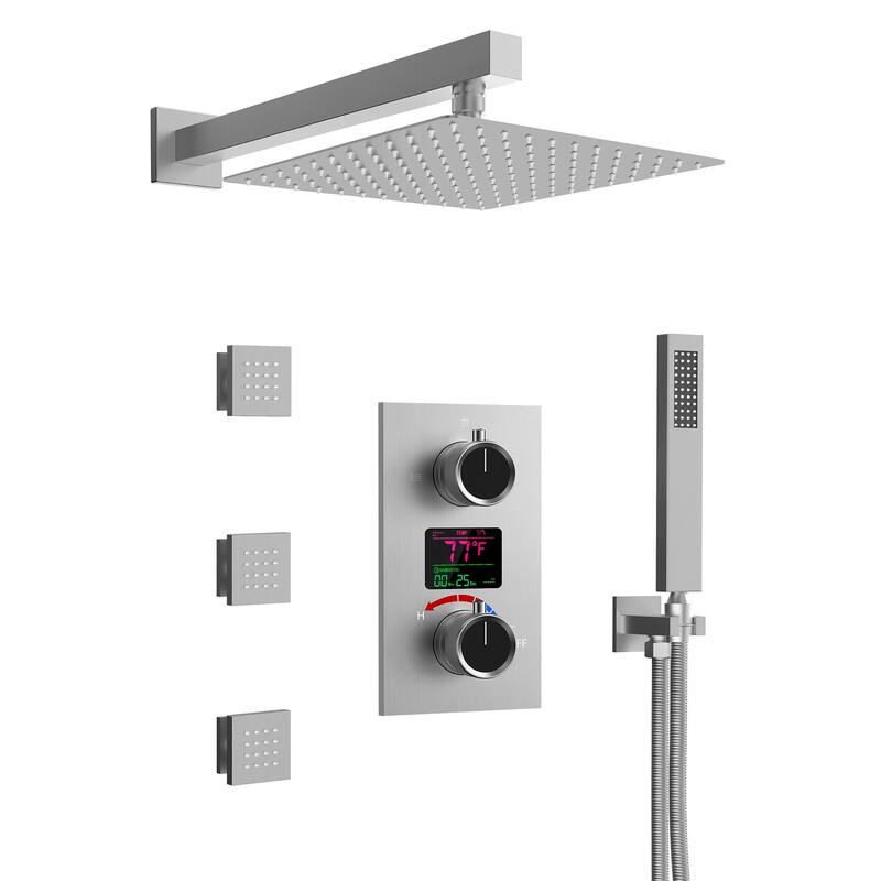 Wall-Mounted Shower Fixture System 12 in Rain Shower Head LCD Digital Thermostatic Valve Shower Faucet Set with 3 Body Jets - Brushed Nickel