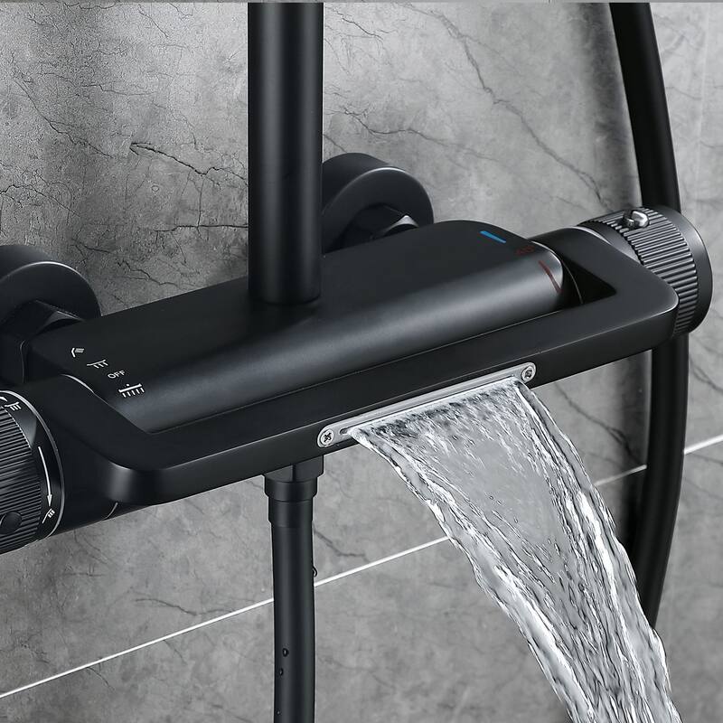 Exposed Pipe Thermostatic Tub Shower Faucet with Hand Shower Matte Balck 3-Setting Spray Complete Wall Mounted Shower System