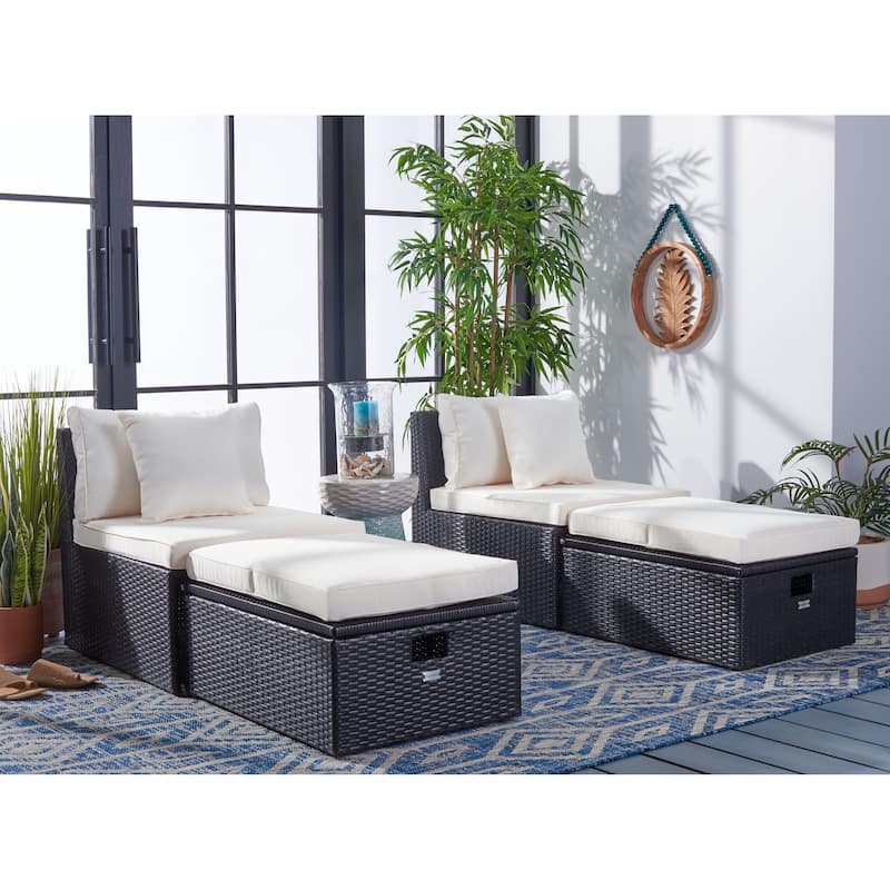 SAFAVIEH Outdoor Algrid Settee with Storage Ottomans (Set of 2) - 29Wx23Dx25H - Black/Beige