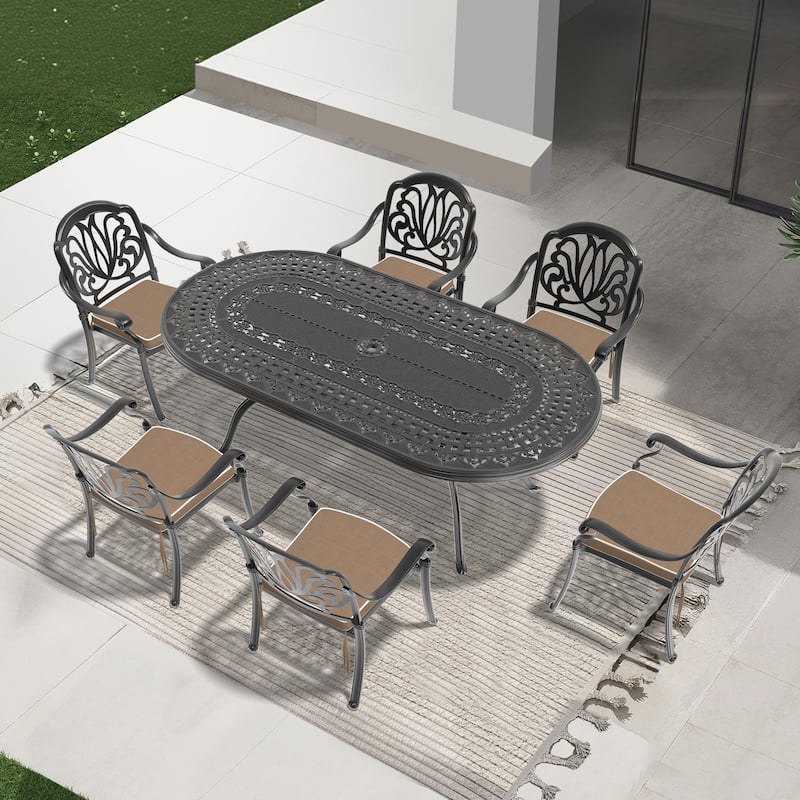 7/9-Piece Cast Aluminum Outdoor Dining Set with 82.87'' L X 42.13'' W Oval Table and Random Color Seat Cushions - Black( 7-Piece Sets A)