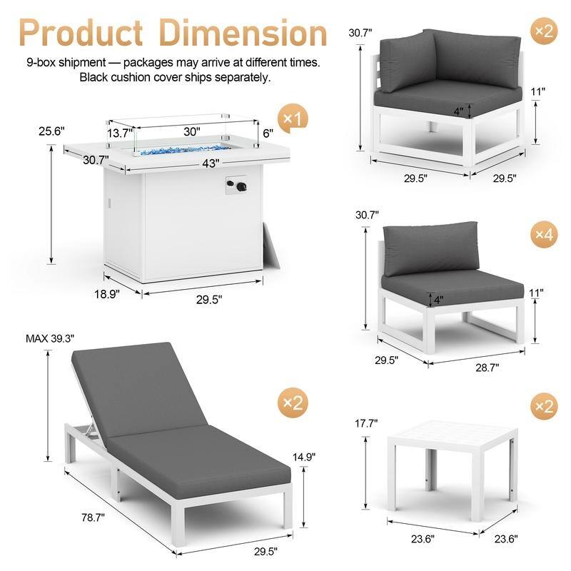 11-Piece Luxury Aluminum Outdoor Furniture Set with Chaise Lounge & Fire Pit Table, 29" Deep Seating Aluminum Patio Sectional