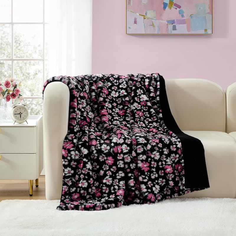 Betsey Johnson Faux Fur Reversible Throw Blanket - Leopard Rosettes Black