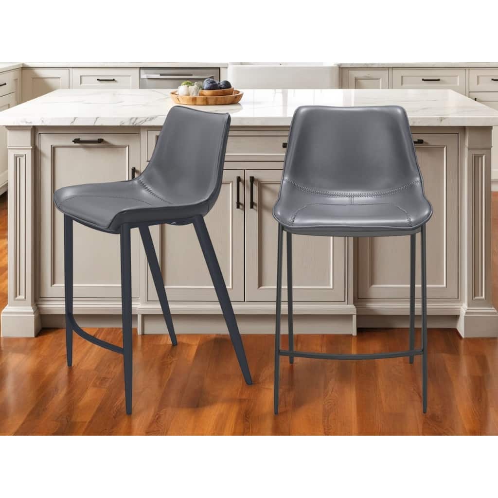Set of Two 26" Dark Gray And Black Faux Leather And Steel Counter Height Bar Chairs