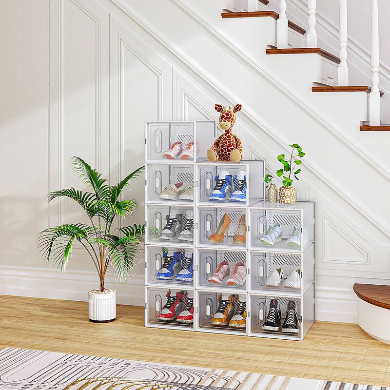 12 Piece White Plastic Mesh Shoe Box Set Modular Stackable Storage Organizer for Home and Closet - N/A