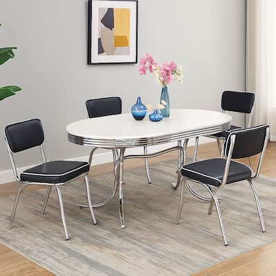 Loy 5pc Oval Dining Set w 4 Chairs, Retro Design Chrome, White, Black