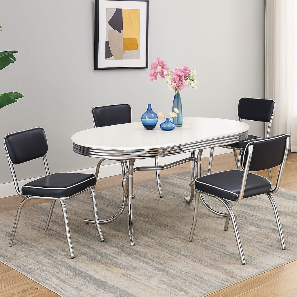 Loy 5pc Oval Dining Set w 4 Chairs, Retro Design Chrome, White, Black