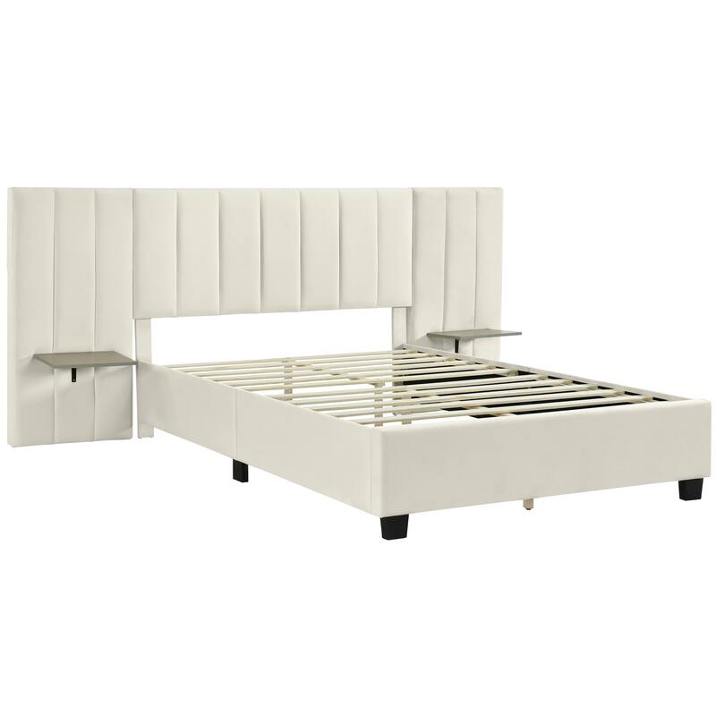 Modern Velvet Upholstered Platform Bed with Large Headboard