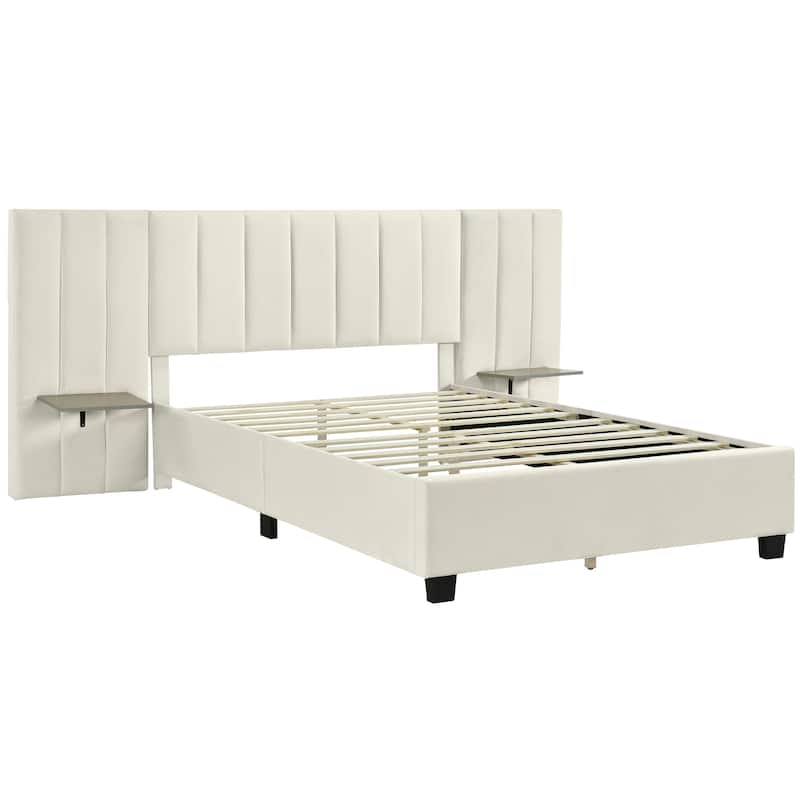 Queen Size Upholstered Platform Bed with Big Headboard