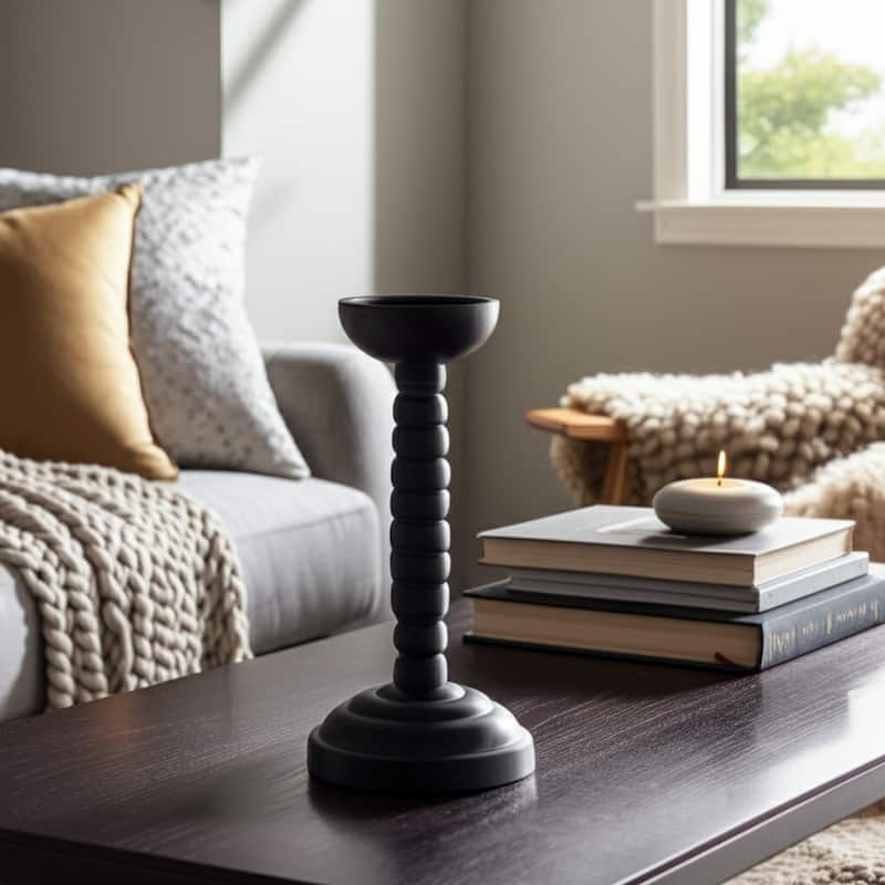 Wood Candle Holder Sculpted Round Base and Turned Detailing Accent