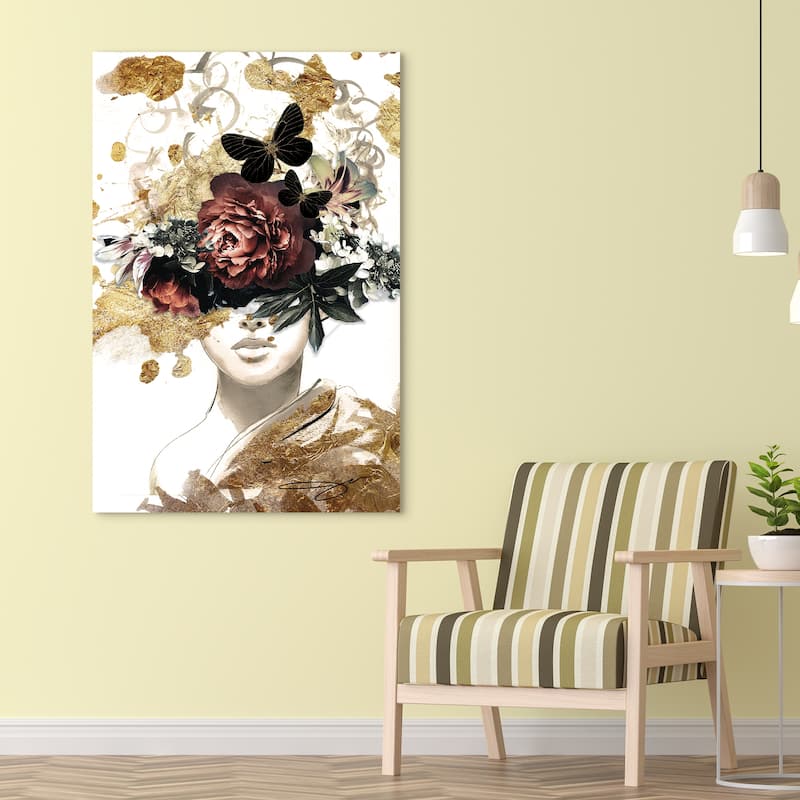 "Woman in Garden" Frameless Free Floating Tempered Glass with Gold Covered Panel Graphic Wall Art 48 in. x 32 in.