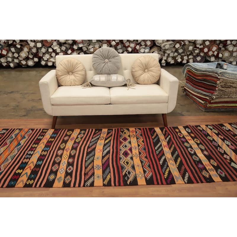 Hand Woven Oriental 100% Wool Carpet Southwestern Tribal Multi-Colored Kilim Runner Rug - 10' 11'' X 3' 9''