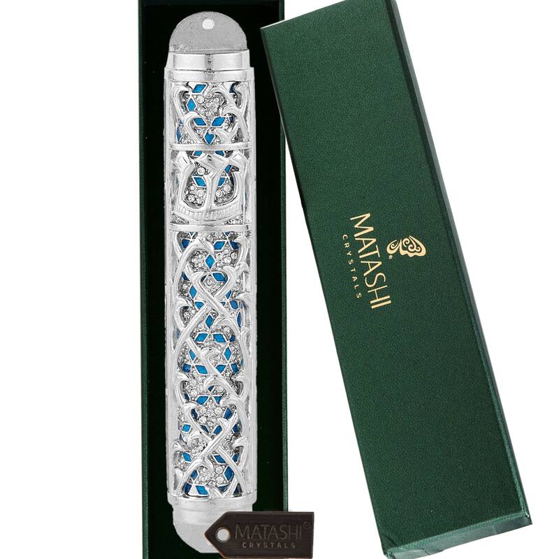 Matashi Hand Painted Enamel 7'' Mezuzah Embellished with Hebrew Shin & Crystals Home Door Wall Decor Housewarming Present Gift