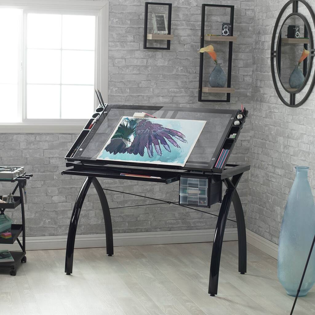 Studio Designs Futura Metal and Clear Glass Drafting Table with Storage