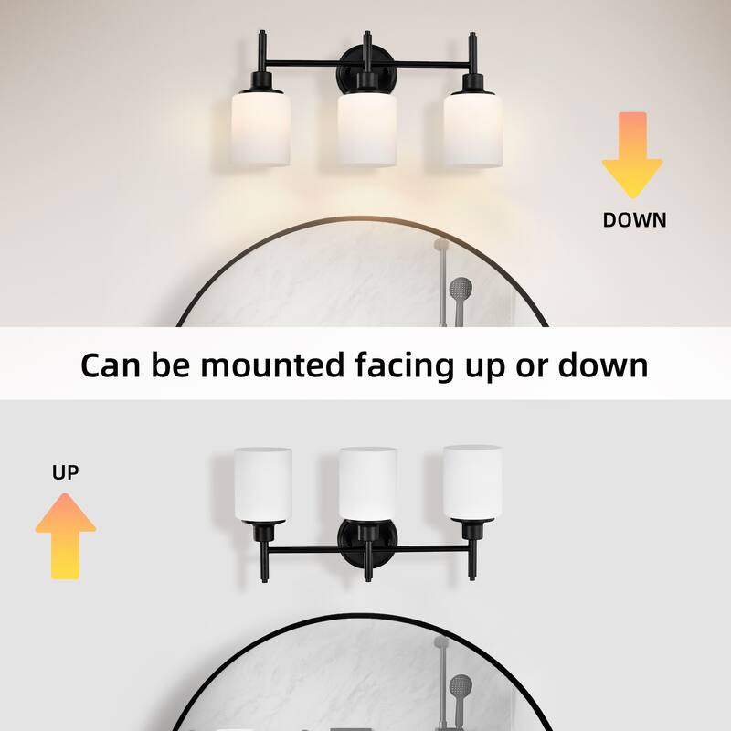 21 in. 3-Light Matte Black Finish Vanity Light with White Glass Shades - 21.6 in. L x 6.75 in. W x 10.6 in. H