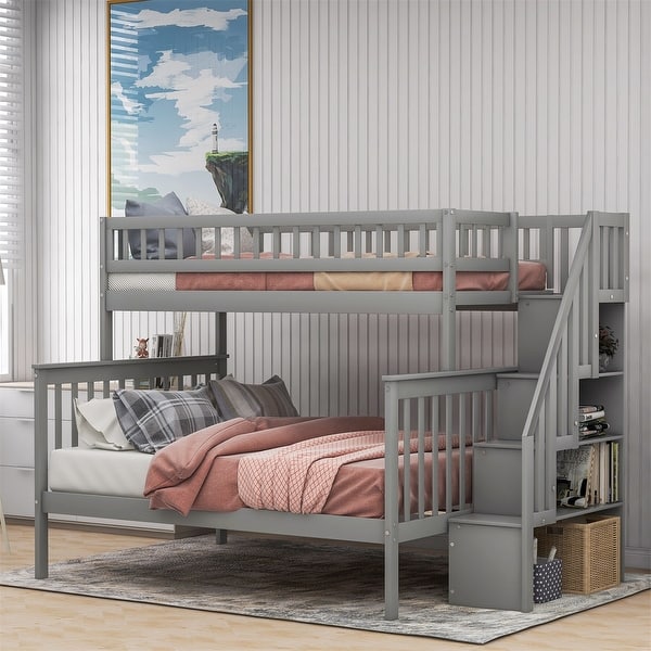 slide 2 of 16, Merax Twin over Full Wood Bunk Bed with Storage Stairs Grey