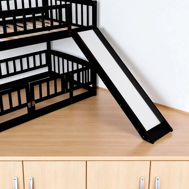 Twin Over Twin / Full Over Full Bunk Bed with Slide and Fence, Low Wood Frame with Ladder for Kids and Teens