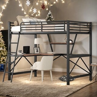 Full Size Loft Bed with Desk and Shelf, Sturdy Metal & MDF Frame