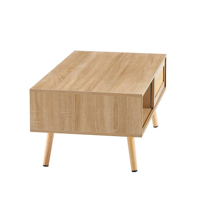 41.34" Rattan Coffee table, sliding door for storage, solid wood legs, Modern table
